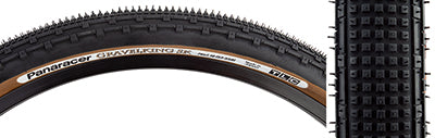 26x2.1 Black/Brown Gravel King SK Bicycle Tire with spiked tread featuring five rows of square knobs and double ridges for superior grip on rough or gravel roads.