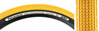 Close-up of a 26x2.1 Mustard/Black Gravel King SK Bicycle Tire showcasing its five rows of square knobs and double ridges, designed for smooth rolling and excellent grip on rough terrains.