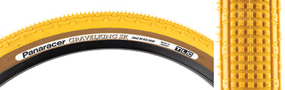 Close-up of the 26x2.1 Mustard/Brown Gravel King SK Bicycle Tire, showcasing five rows of square knobs and continuous ridges for smooth rolling and superior grip on rough or gravel roads.