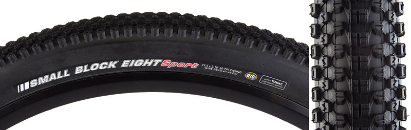 Close-up of the 26x2.1 Small Block 8 Sport Bicycle Tire showcasing its densely packed small knobs for better grip and low rolling resistance, ideal for hard-packed cross-country riding.