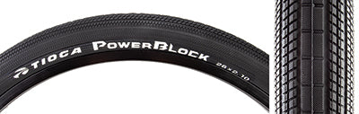 Close-up of a 26x2.1 PowerBlock Bicycle Tire showing its tread pattern, black synthetic rubber material, and white branding text. Designed for low rolling resistance and durability.