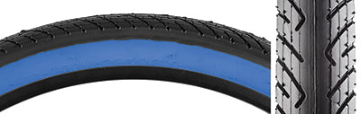 Close-up of a 26x2.125 Black/Blue Slick Bicycle Tire, showcasing its deep, narrow grooves designed for street and park traction.