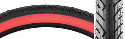 26x2.125 Black/Red Slick Bicycle Tire, close-up of tread pattern with deep, narrow grooves for traction, highlighting durable street/park design.