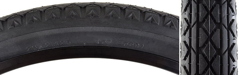 Close-up of a 26x2.125 Cruiser V52 Wire Bicycle Tire showcasing its detailed tread pattern and robust synthetic rubber material, ideal for everyday use.