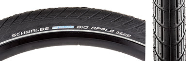 Close-up of a 26x2.15 Reflective Big Apple Active Twin KG Bicycle Tire showcasing its tread pattern and sidewall with kevlar-reinforced puncture protection and additional rubber coating for durability.