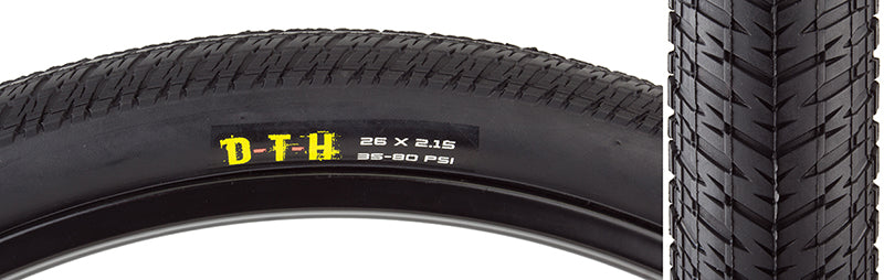 Close-up of a 26x2.15 DTH SC Bicycle Tire showcasing its fast-rolling centerline and raised shoulders, designed for low rolling resistance and impressive cornering on hardpack.