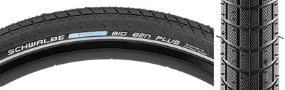 Close-up of the 26x2.15 Reflective Big Ben Plus Perf SS GG Bicycle Tire, showcasing the smooth profile block tread extending onto the sidewalls, ideal for cargo and e-bikes with robust protection features.