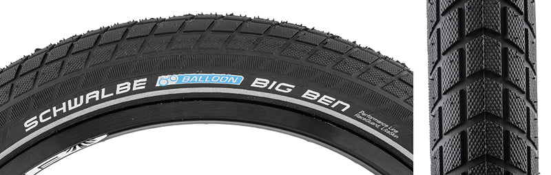 Close-up of a 26x2.15 Reflective Big Ben Perf Lite RG Bicycle Tire showcasing its large, smooth profile block tread extending onto the shoulders and sidewalls, ideal for e-bikes and standard bicycles.