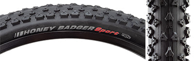 Close-up of the 26x2.2 Honey Badger Sport Bicycle Tire, showcasing its widely spaced triangular knobs designed for low rolling resistance and superior grip on various terrains.