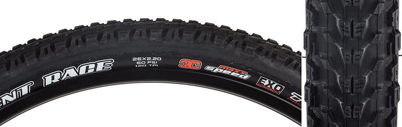 Close-up of the 26x2.2 Ardent Race 3C/EXO/TR Bicycle Tire, showcasing its medium-height tread and sturdy sidewall designed for reduced rolling resistance and enhanced traction.