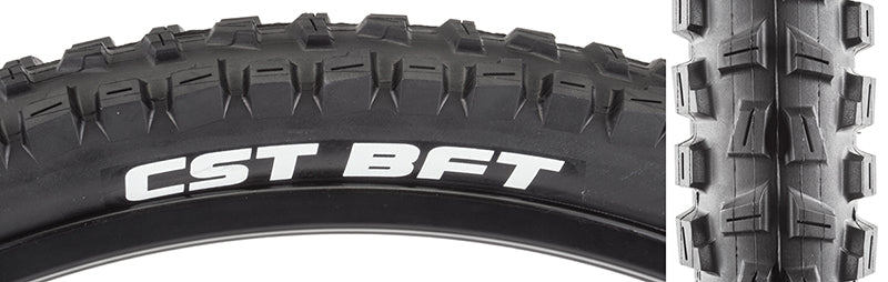 Close-up of 26x2.25 BFT Bicycle Tire, showcasing its aggressive tread designed for loose and wet conditions, emphasizing single compound construction for durability and performance.