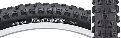 Close-up of a 26x2.25 Heathen Bicycle Tire, highlighting the tread pattern designed for medium to loose conditions, featuring single compound construction optimized for durability and performance.