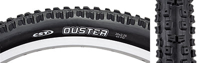 Close-up of the 26x2.25 Ouster Bicycle Tire showcasing its tall, open center tread designed to grip roots and rocks effectively, optimizing performance and longevity.