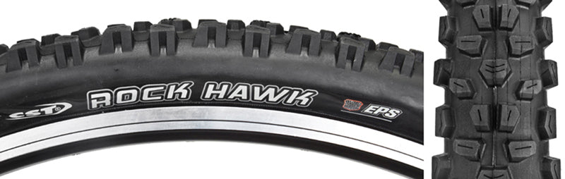 Close-up of the 26x2.25 Rock Hawk Bicycle Tire showcasing its aggressive tread pattern with large, well-spaced lugs designed for shedding mud and debris on mountain bike trails.