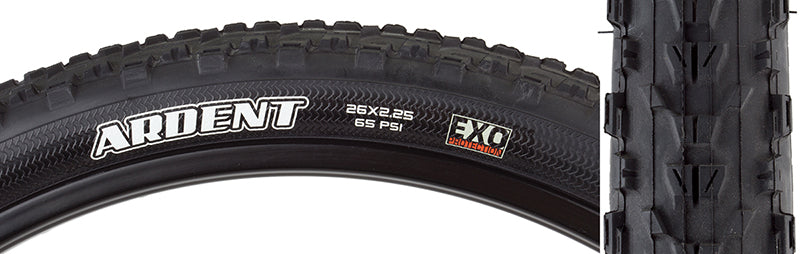 Close-up of the 26x2.25 Ardent SC/EXO Bicycle Tire, showcasing its aggressive tread and large block-style side knobs designed for high-speed cornering and puncture-resistant EXO sidewall protection.