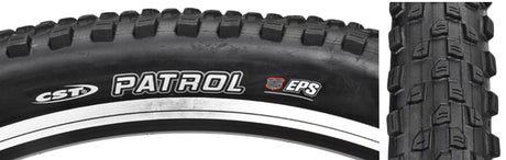 Close-up of the 26x2.25 Patrol Bicycle Tire, showcasing its staggered medium-height center knobs and aggressive corner knobs, designed for reduced rolling resistance and excellent cornering grip.