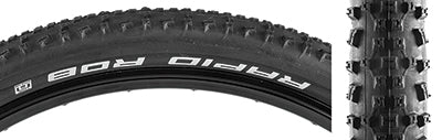 Close-up of a 26x2.25 Rapid Rob Active Lite K-Guard Bicycle Tire showcasing its tread profile and angled shoulder lugs designed for low rolling resistance and versatile grip.