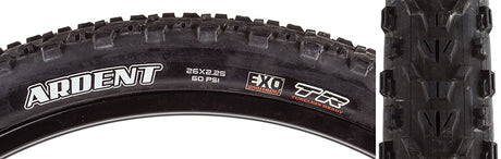 Close-up of a 26x2.25 Ardent DC/EXO/TR Bicycle Tire, showcasing its aggressive tread pattern and high-volume casing designed for optimal traction and reduced rolling resistance.