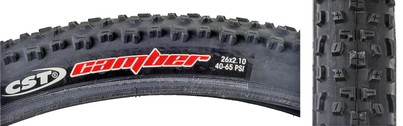 Close-up of the 26x2.25 Camber Fold Bicycle Tire showcasing its tread pattern and side knobs, designed for fast rolling and cornering, with visible logos indicating EPS puncture resistance and UST tubeless compatibility.