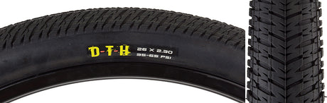 Close-up of the 26x2.3 DTH SC Bicycle Tire, showcasing its fast-rolling centerline, raised shoulders for impressive cornering, and durable single compound casing designed for BMX racing.