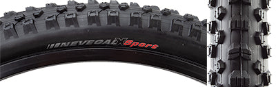 Close-up of the 26x2.35 Nevegal X Sport Bicycle Tire showcasing its siped and staggered center tread with larger shoulder knobs for enhanced traction and smoother rolling.