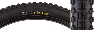 Close-up of a 26x2.35 Minion DHF SC/ST Bicycle Tire showcasing the tread pattern with ramped and channel-cut knobs for enhanced grip and control.