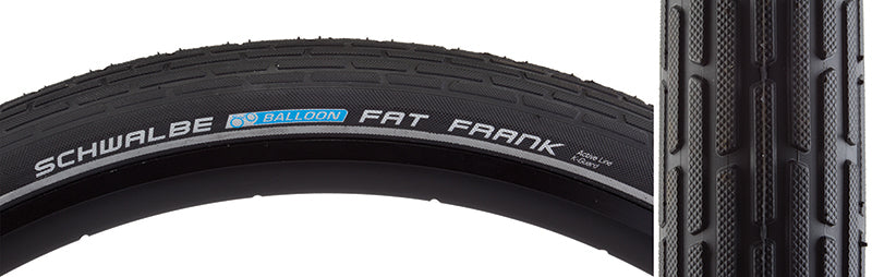 26x2.35 Reflective Fat Frank Active Lite KG Bicycle Tire, featuring a close-up of the tread and reflective sidewall striping for enhanced visibility.