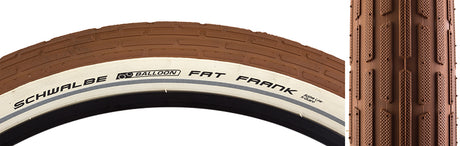 Close-up of the 26x2.35 Reflective Brown Fat Frank Active Twin KG Bicycle Tire, highlighting its high volume, balloon style and reflective sidewall striping for enhanced visibility.