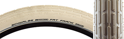 Close-up of the 26x2.35 Reflective Cream Fat Frank Active Twin KG Bicycle Tire, highlighting its balloon style tread and reflective sidewall striping designed for urban cruising and enhanced visibility.