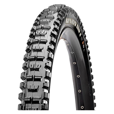 Close-up of a 26x2.4 Minion DHR II 2-Ply Bicycle Tire, showcasing its enhanced tread pattern for improved acceleration, cornering, and braking, designed for downhill riding with reinforced sidewalls.