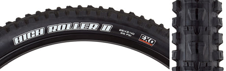 Close-up of a 26x2.4 High Roller SC/EXO Bicycle Tire showcasing raised center lugs and assertive lateral knobs, highlighting its durable single compound casing and EXO sidewall protection.