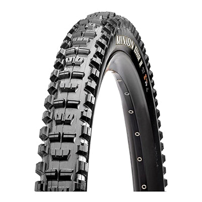 Close-up of the 26x2.4 Minion DHR II SC/ST/2-Ply Bicycle Tire showcasing its durable tread and reinforced sidewalls designed for improved acceleration, cornering, and braking in downhill riding.