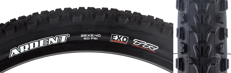 Close-up of the 26x2.4 Ardent DC/EXO/TR Bicycle Tire showcasing its aggressive tread, designed for high traction with ramped knobs for reduced rolling resistance and EXO sidewall protection.