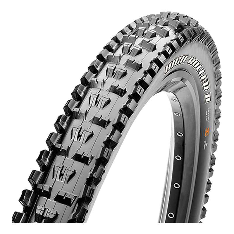 Close-up of the 26x2.4 High Roller II ST/2PLY Bicycle Tire, showcasing its aggressive tread design and modified knobs for enhanced braking and traction, ideal for technical freeride terrain.