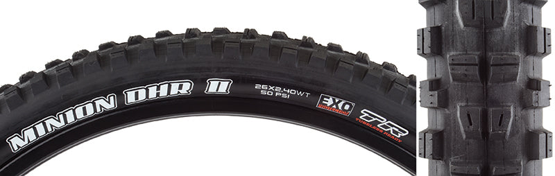 Close-up of a 26x2.4 Minion DHR II EXO/TR Bicycle Tire showcasing its paddle-like center knobs and robust shoulder knobs designed for better corner grip and low rolling resistance.