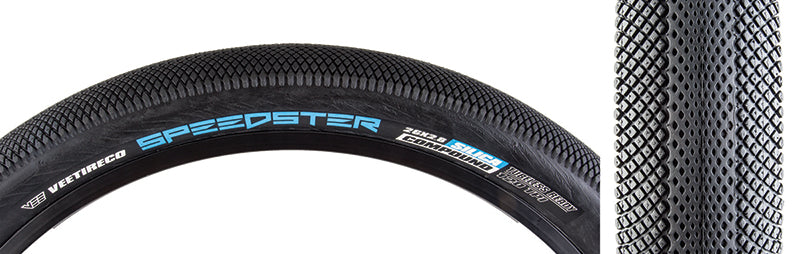 Close-up of the 26x2.8 Speedster Bicycle Tire, showcasing its tread designed for optimal rolling speed and minimal drag, ideal for BMX racing, dirt jumps, and urban shredding.