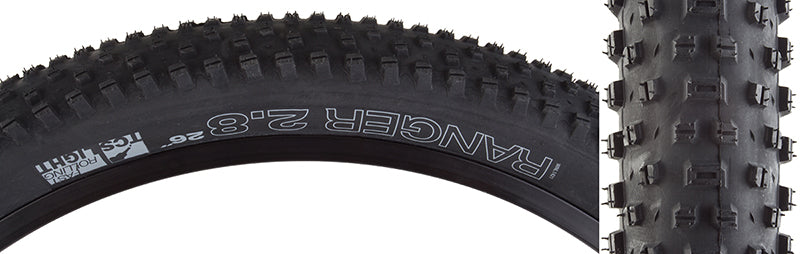 Close-up of a 26x2.8 Ranger TCS Light Fast Rolling Bicycle Tire, showcasing its open tread pattern with larger shoulder knobs and smooth profile for efficient, reliable, and all-weather performance.