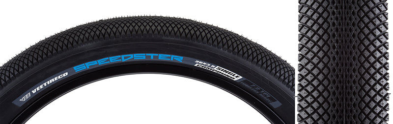 Close-up of the 26x3.5 Speedster Wire Bicycle Tire, showcasing its tread designed for high performance on hard pack or paved terrain, ideal for BMX racing, dirt jumps, and urban shredding.