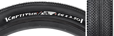 Close-up of the 26x3.5 Captiv-8er UL Bicycle Tire, showcasing its rounded profile and inverted tread, ideal for fast and grippy hardpack or street riding.