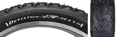 Close-up of the 26x4.0 Devist-8er Ultralight Bicycle Tire showcasing medium depth tread and directional cornering knobs, made from synthetic and natural rubber, ideal for all mountain XC biking.