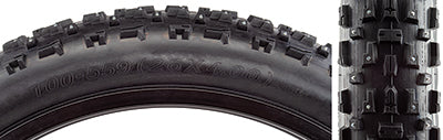 Close-up of the 26x4.0 Toboggan Bicycle Tire showcasing its studded fat tire with large, well-spaced knobs designed to shed snow, mud, and ice for demanding cold-weather cycling.