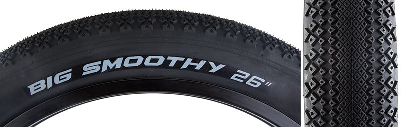 Close-up of the 26x4.0 Big Smoothy Wire Bicycle Tire featuring an inverted continuous center tread with a dimpled diamond design, narrow grooves, and larger side knobs for enhanced traction on various surfaces.