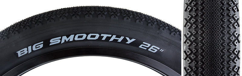 Close-up of the 26x4.0 Big Smoothy Fold Bicycle Tire showcasing its dimpled diamond tread pattern and larger side knobs for enhanced grip on various terrains.