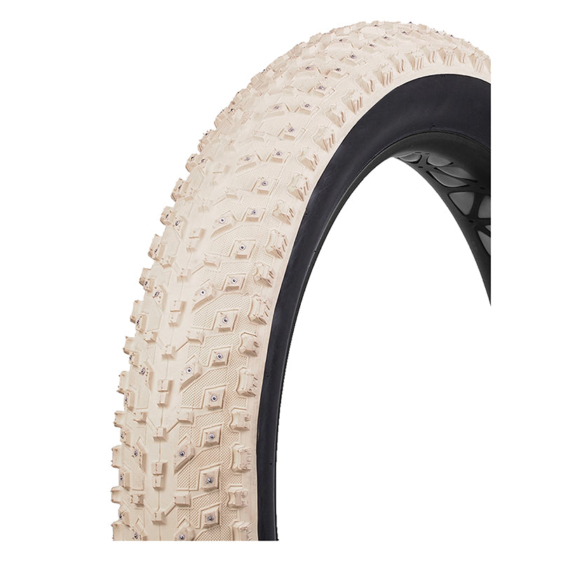 Close-up of the 26x4.0 Beige Snow Avalanche Bicycle Tire showcasing its aggressive directional tread and studs designed for enhanced traction on ice and snow.