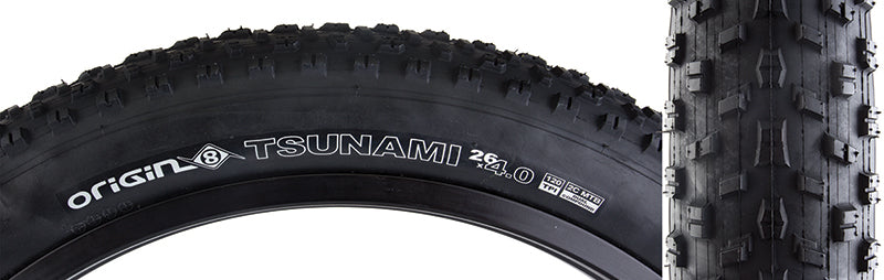 26x4.0 Tsunami Bicycle Tire close-up, showcasing well-spaced and siped lugs designed for minimal rolling resistance and enhanced grip in sand, snow, and other challenging conditions.