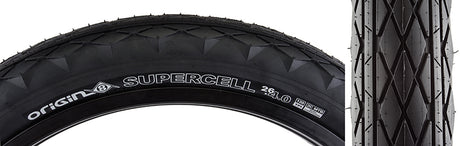 Close-up of the 26x4.0 Supercell Fold Bicycle Tire, showcasing its wide fast-rolling street tread and wrap-around sidewall for enhanced grip and water evacuation channels for a smooth ride.