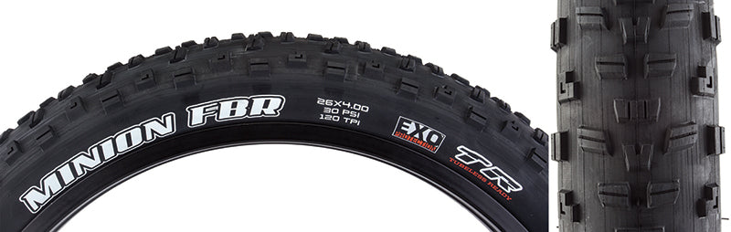 26x4.0 Minion FBR DC/EXO/TR Bicycle Tire, featuring large lateral knobs and EXO sidewall protection, shown in close-up highlighting tread pattern and white text on the black rubber.