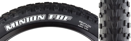 Close-up of a 26x4.0 Minion FBF DC/EXO/TR Bicycle Tire showing its rectangular knobs, dual compound tread, and EXO sidewall protection for enhanced grip, cornering, and puncture resistance.