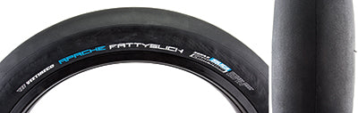 Close-up of a 26x4.5 Apache Fattyslick Bicycle Tire, showcasing its completely slick tread, designed for low rolling resistance and high grip performance.