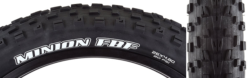 Close-up of the 26x4.8 Minion FBF DC Bicycle Tire, showcasing its rectangular knobs designed for excellent cornering grip and straight-line tracking.